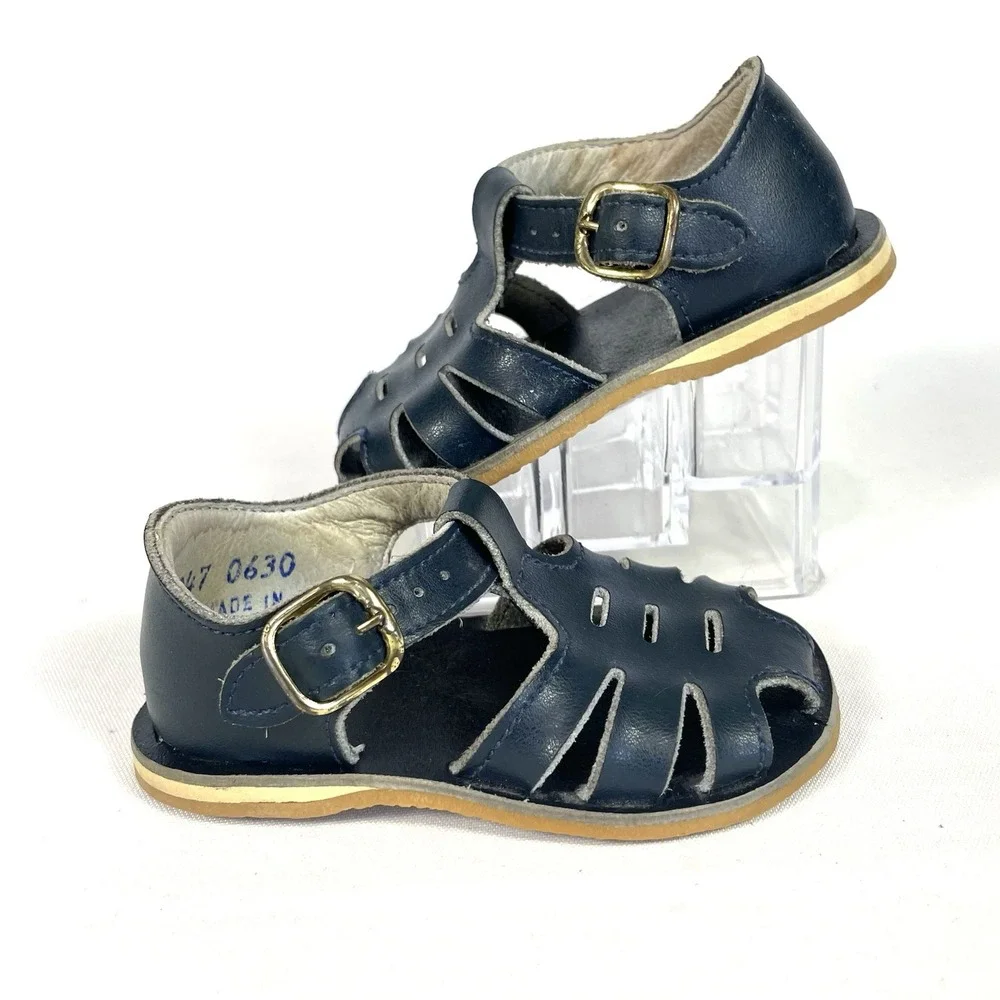 Vintage Infant Fisherman‎ Sandals Navy Blue Leather USA Size 3 Baby Shoes
